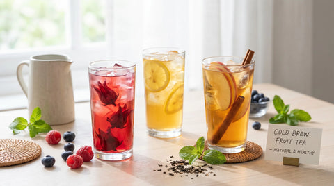 Assorted cold brew fruit teas with fresh fruit and ice - no added sugar
