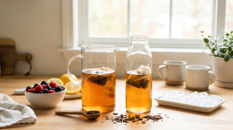 Cold brewing tea at home in a glass pitcher and bottle with ice and fresh fruit